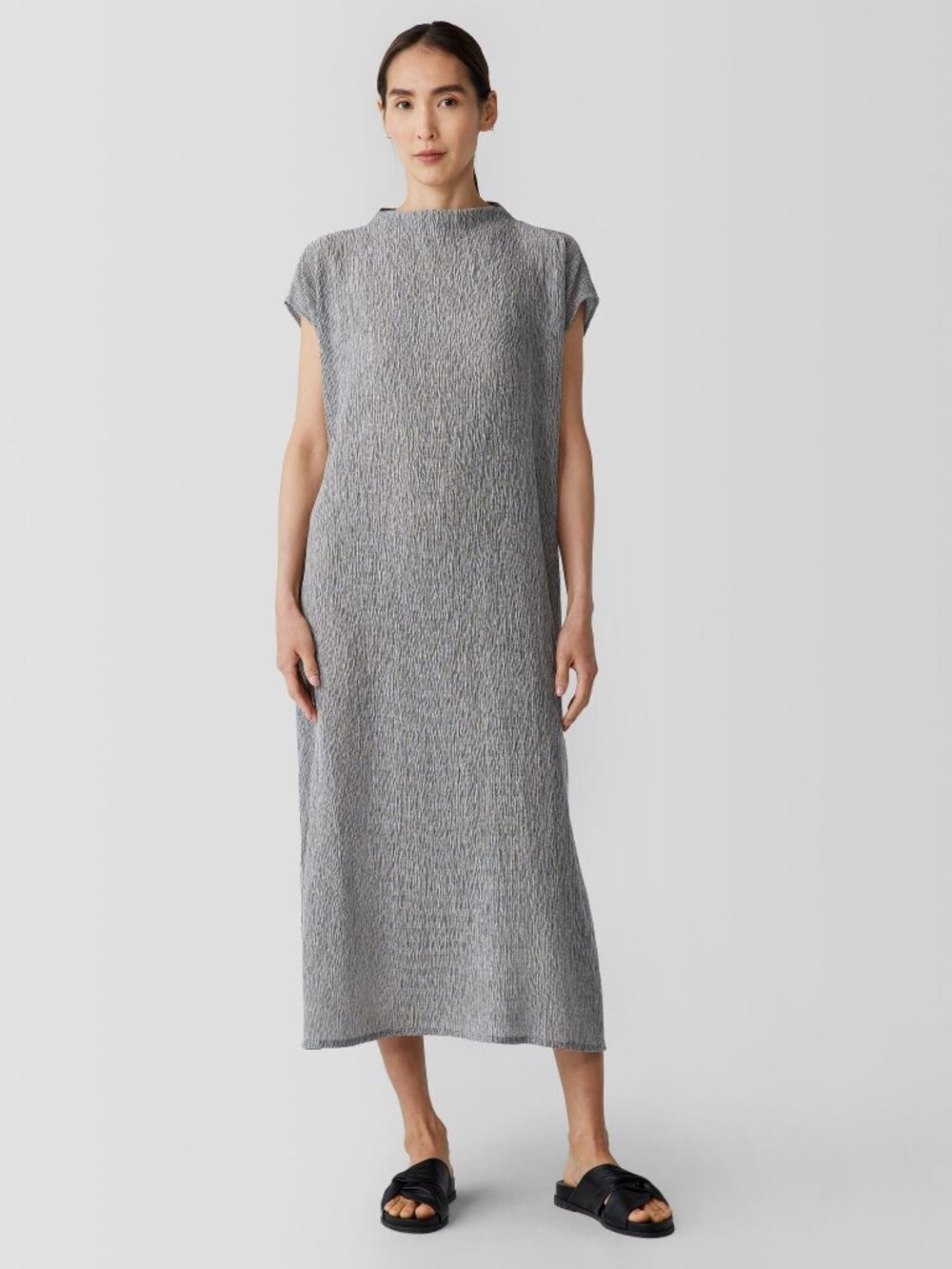 Eileen Fisher Woven Plissé Funnel Neck Dress NWT Size XS